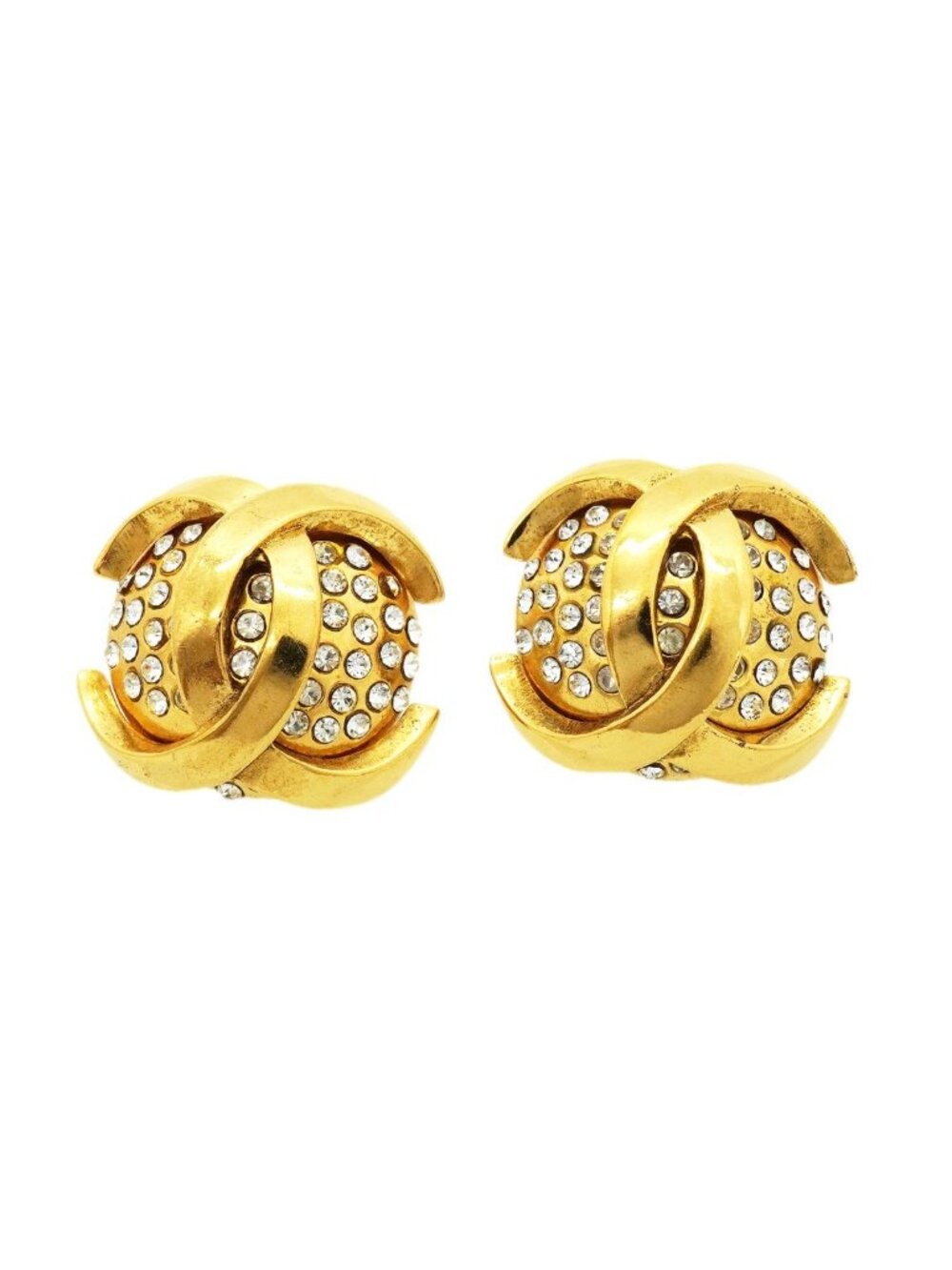 Chanel Earrings Vintage CC Logo Gold Plated Rhinestone